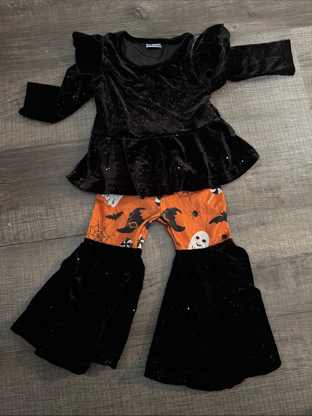 Toddler girl Halloween pant Set - Black Top with Orange Ghost Print Pants